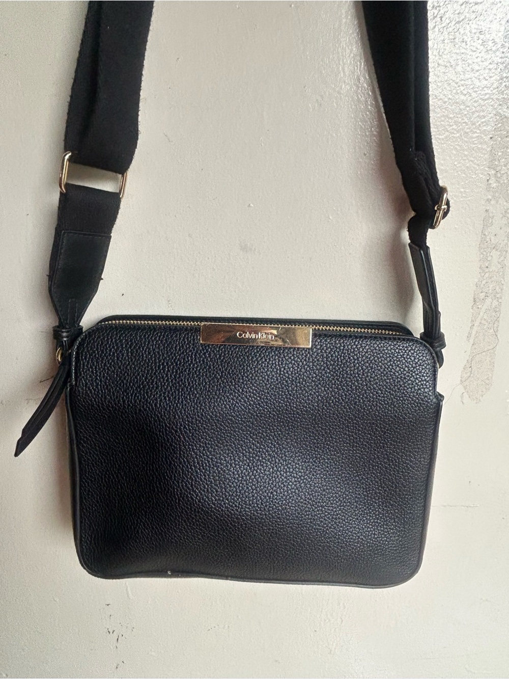 Calvin Klein Black Pebbled Leather Crossbody with Gold Plate